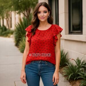 Downeast Red Chiffon Flutter Sleeve Sheer Back Abstract Print Blouse Size M